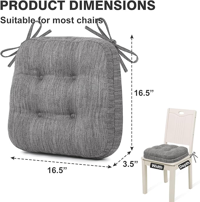 Shinnwa Dining Chair Cushions Set of 6, Dual-Layer Memory Foam Kitchen Chair Cushions, Patented Design Seat Pads with Ties, 16.5 x 16.5 x 3.5in, 6 Pack, Grey