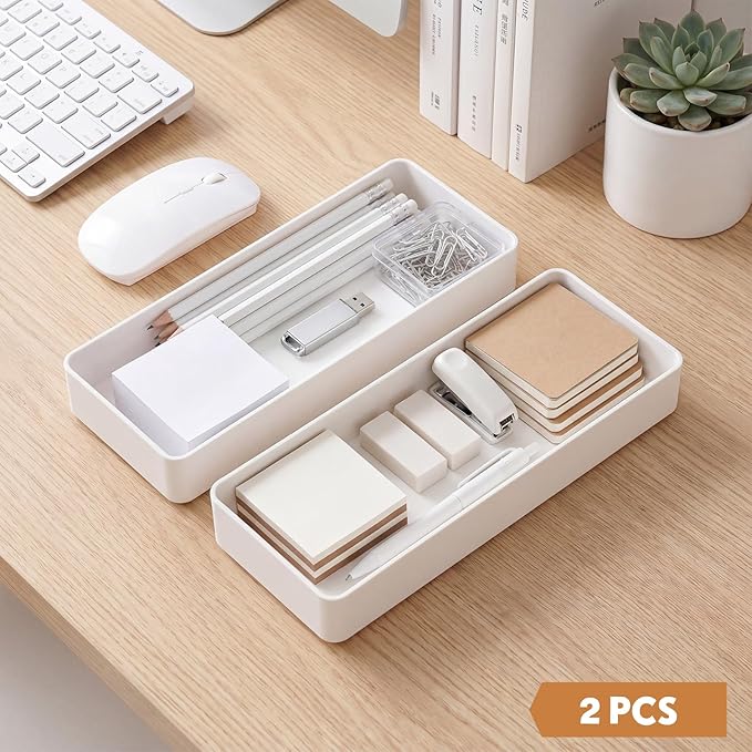 Teling 2 Pcs White Large Rectangular Desk Organizer Set, Half Accessory Tray, Plastic Tabletop Organizer for Office, Home, or Study, Dimensions: 9.45 x 2.95 x 1.38 Inches