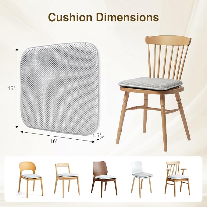 puredown® Chair Cushions for Dining Chairs, Set of 2 Memory Foam Seat Cushions with Non-Slip Backing & Ties, 16" x 16" x 1.5", Comfortable & Supportive Dining Chair Pads for Kitchen, Light Grey