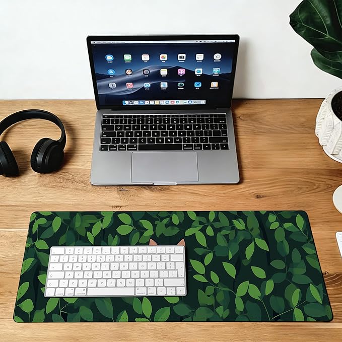 Large Gaming Mouse Pad Black Cat Hide Green Leaves Desk Mat,Non-Slip Rubber Base Stitched Edges,Extended Mousepad for PC,Laptop,Office,Home Decor(31.5 x 11.8 Inch)