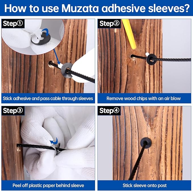 Muzata 40 Pack Black Cable Railing Adhesive Sleeves for 1/8" 5/32" Wire Rope T316 Stainless Steel Adhesive Grommet Protector Sleeves Cable Railing Hardware Kit Wood Metal Posts CR66