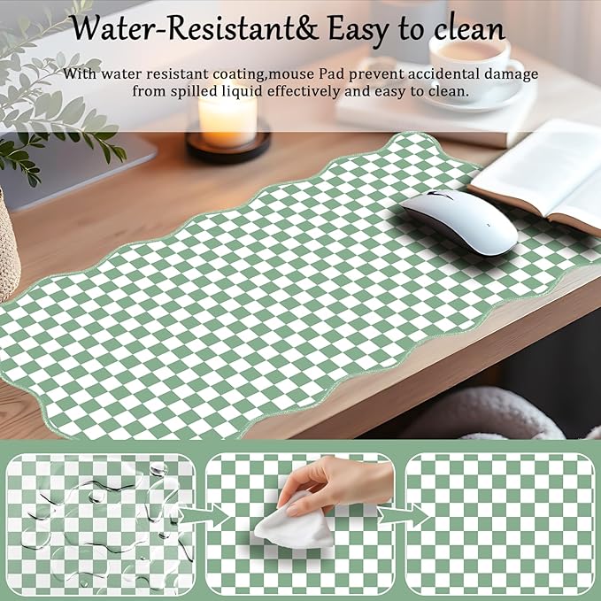 Scalloped Desk Mat Extended Large Cute Mouse Pad Vintage‌ Desk Pad XXL Aesthetic Plaid Mousepad Checkered Gaming Mouse Pad for Keyboard Computer Laptop Home Office Accessory Girly 31.5X15.7Inch Green