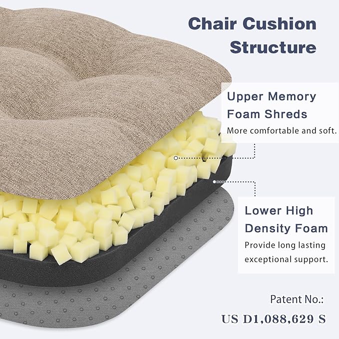 baibu Set of 6 Dining Chair Cushions, Dual-Layer Patent Design Memory Foam Kitchen Chair Cushions, Non-Slip Seat Pads with Ties, 16.5 x 16.5 x 3.5in, 6 Pack, Khaki