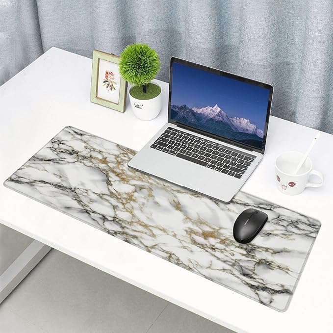 White Black Gold Marble Texture Large Mouse Pad & Desk Mat Extended Mousepad Non-Slip Rubber Base Laptop Computer Keyboard Pad for Gaming, Office & Home Decor, XL - 31.5" X 11.8"