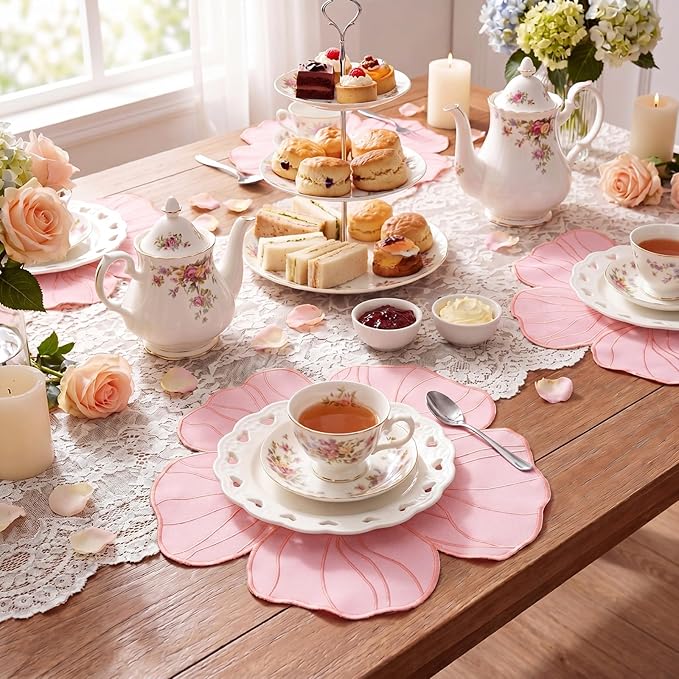 Moukeren Set of 6 Elegant Floral Placemat 16'' Flower Shaped Place Mat Flower Embroidery Table Mat for Wedding Bridal Shower Baby Shower Tea Party Kitchen Dining Table Decor(Pink)
