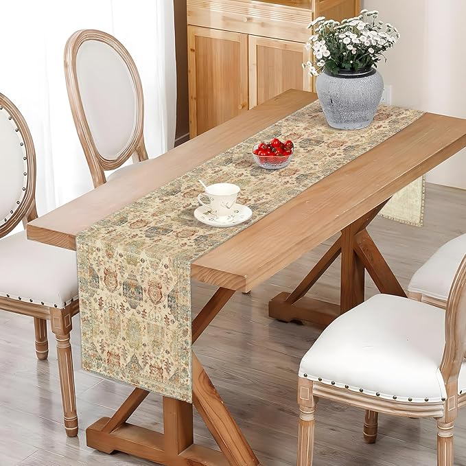 Boho Floral Beige Table Runner,Vintage Elegant Farmhouse Table Center Linen Decor,Country Rustic Farmhouse Magical Fall Kitchen Dining Table Decoration for Home Dining Party Decor 13x108 Inch
