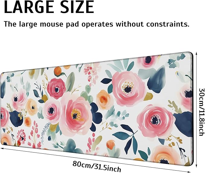 Large Gaming Mouse Pad Watercolor Floral Desk Mat,Non-Slip Rubber Base Stitched Edges,Extended Mousepad for PC,Laptop,Office,Home Decor(31.5 x 11.8 Inch)