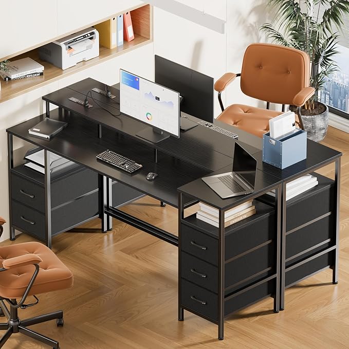 Korfile 61 Inch Computer Gaming Desk with Power Outlets & LED Lights Reversible Home Office Desk with Adjustable 5 Fabric Storage Drawers for Working Writing Study, Black