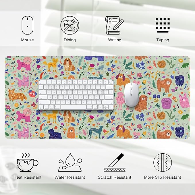 DINKY Leather Desk Pad Protector Mouse Pad, Green Non-Slip Computer Mat for Desk, Cute Dog PVC Leather Office Desk Mat, Laptop Desk Blotter for Keyboard and Mouse