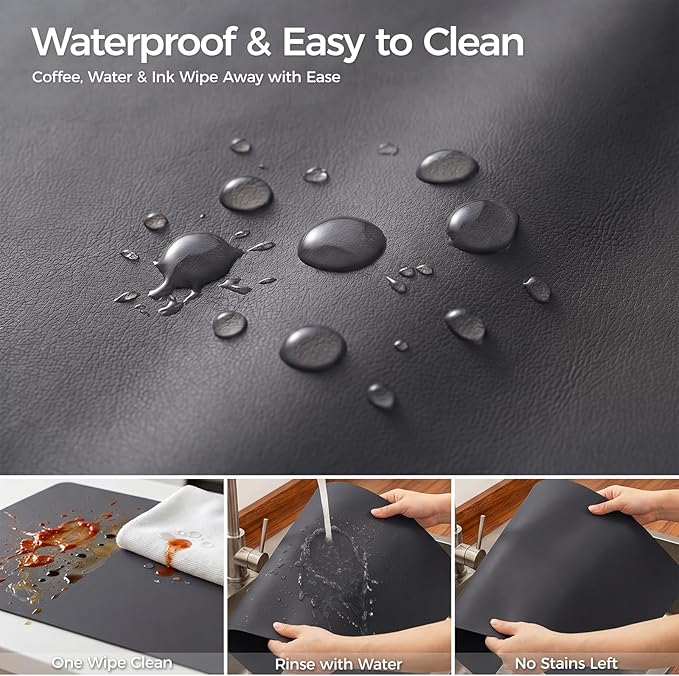 1.6mm Thick Leather 20x60 Inch Non-Slip Mat, Waterproof Countertop Protector, Large Kitchen Island Topper/Craft Worktable Mat, Obsidian Black