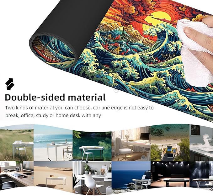 Ergonomic Mouse Pad Set with Wrist Support for Keyboard and Wrist Rest for Mouse, Memory Foam Comfort, Non-Slip Large Desk Mat for Home Office Pain Relief,Retro Japanese Waves