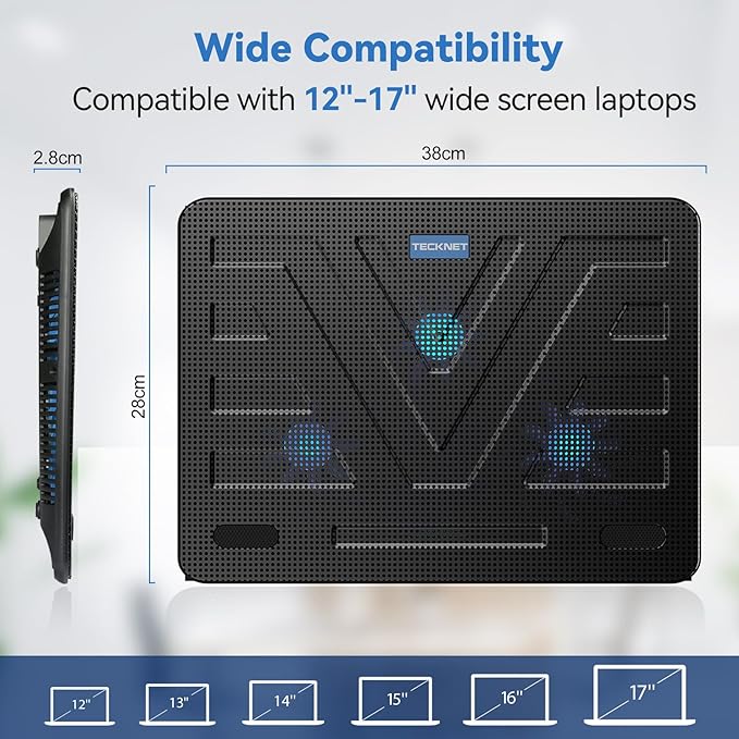 TECKNET Laptop Cooling Pad, Portable Slim Quiet USB Powered Laptop Notebook Cooler Cooling Pad Stand Chill Mat with 3 Blue LED Fans, Fits 12-17 Inches (Black)