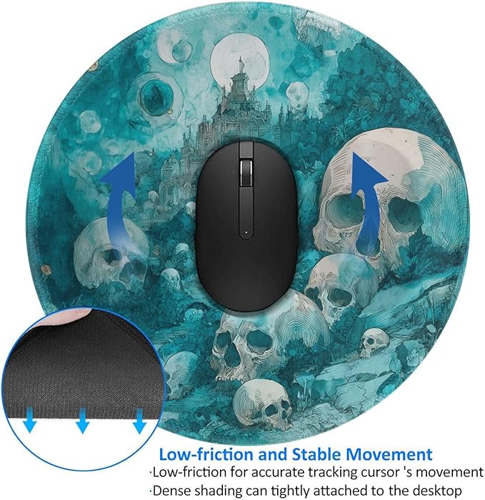 Skull Round Mouse Pad Premium Textured Mouse Mat Washable Mousepads with Extended Stitched Edges Non Slip Rubber Base Small Mousepad 7.9 X 7.9 X 0.12 Inches