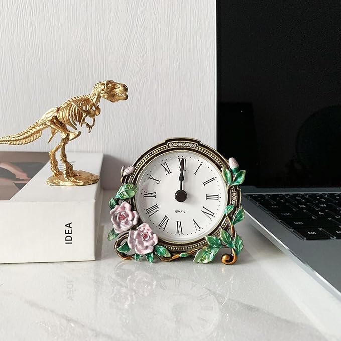 Silent Mini Vintage Analog Table Clock with Hand-Painted Metal Body and Battery Operated Non-Ticking Core for Shelf, Bedroom, Bedside, Desk, Gift Clock