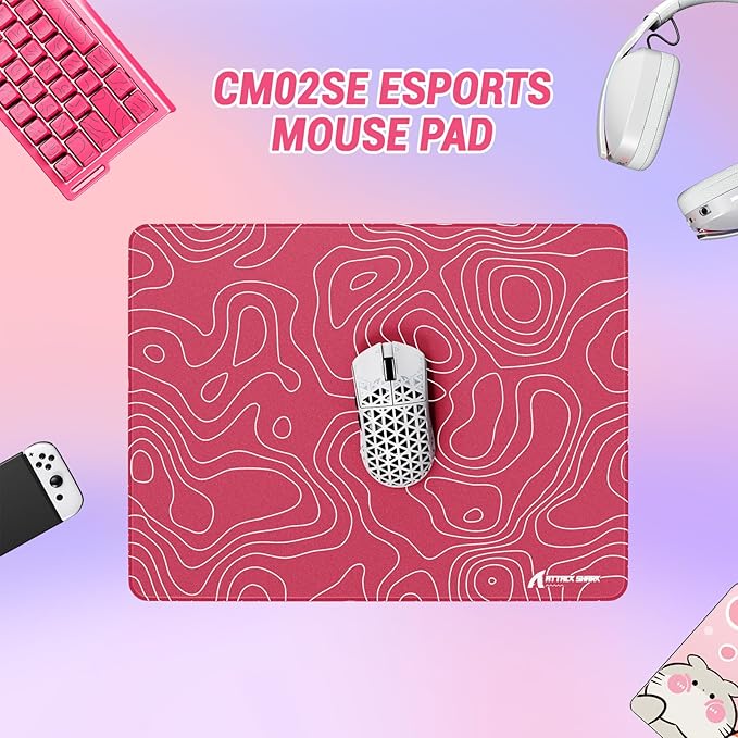 ATTACK SHARK CM02SE Gaming Mouse Pad for Esports Speed Mouse mats for Desk Waterproof Surface Stitched Edges and Anti-Slip Rubber Base Size M Laminate 16.14”x12.20”x0.16” Pink Contour