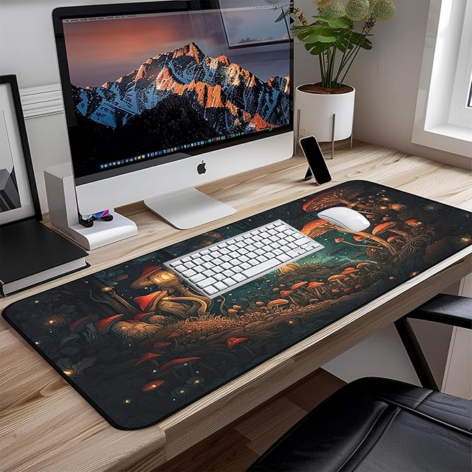 Mushroom Forest Desk Mat, Anime Mouse Mat XXL, Retro Large Gaming Keyboard Mouse Pad, with Non Slip Rubber Base and Stitched Edges Full Desk Pad, Natural Landscape Desktop Decor 31.5"X15.7"
