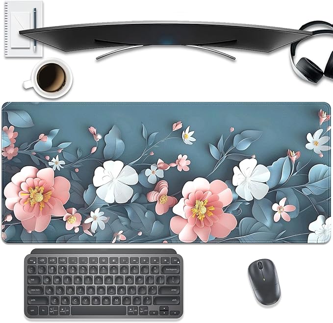 Blue Art Flowers Mouse Pad,Extended Abstract Floral Mousepad Desk Pad with Stitched Edges,Non-Slip Waterproof Rubber Base Mouse Mat for Office Computer Keyboard Laptop Home 27.5x11.8 in