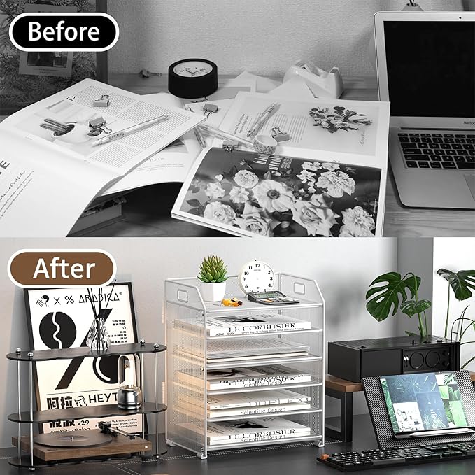 6 Trays Paper Organizer Letter Tray with Pull-Out Drawer, Assembled Mesh Desk File Holder, Metal Paper Sorter for Office Documents, White