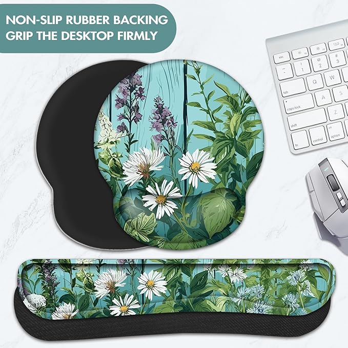 Keyboard Wrist Rest, Ergonomic Mouse Pad Wrist Support, Memory Foam Wrist Rest, Anti-Slip Base, Mousepad with Coaster for Computer Keyboard Office Home, Green Plant Flowers