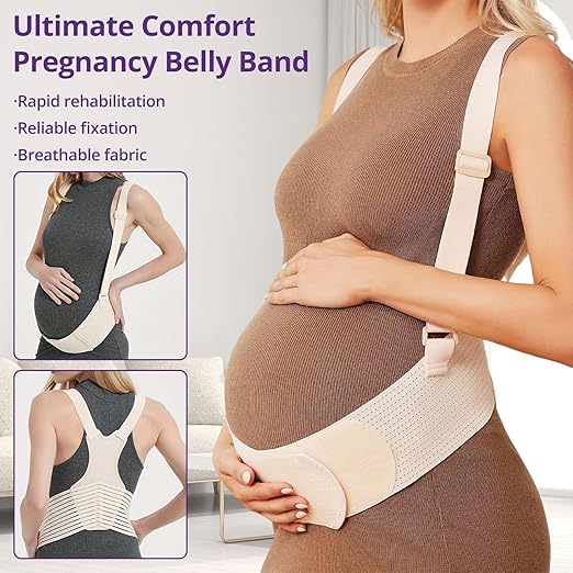 Maternity Belly Band with Back Support – Over-the-Shoulder Pregnancy Support Belt with Lumbar Support, Breathable Mesh Design, Strong Adjustable Hook & Loop Straps, No Digging Comfort for All-Day Wear (Beige, X-Large（187LB+）)