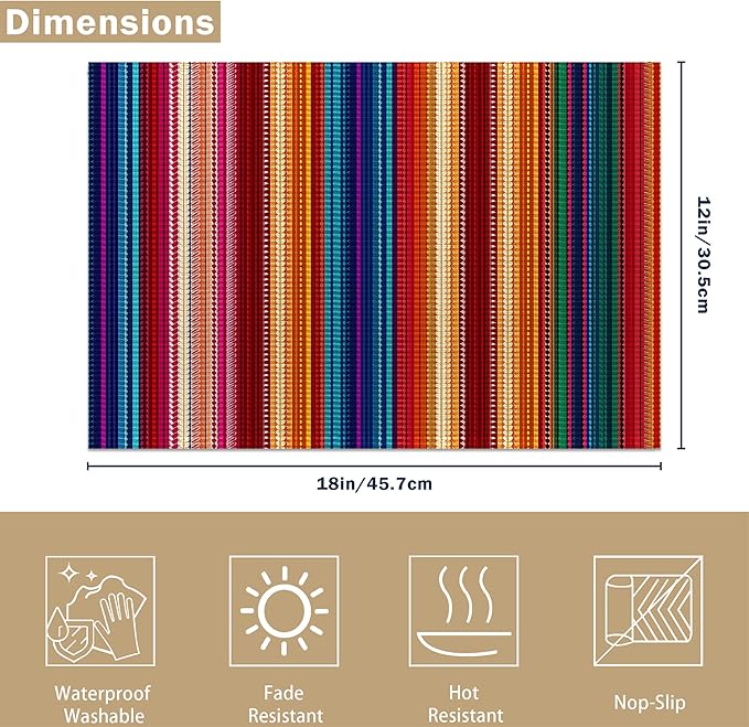 Mexican Ethnic Colorful Stripes Placemats Set of 6 Linen Table Mats, 12x18 Inch Washable Placemats for Dining Table, Non Slip Heat Resistant Mats for Kitchen Home Decor