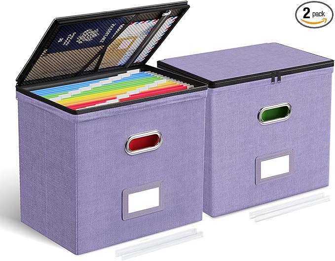 Oterri File Organizer Boxes with Lids, File Box with Mesh Pockets, Document Organizer Box for Letter Size Folders, Zippers Important Document Organizer (Light Purple, Small-2 Pack Without Folders)