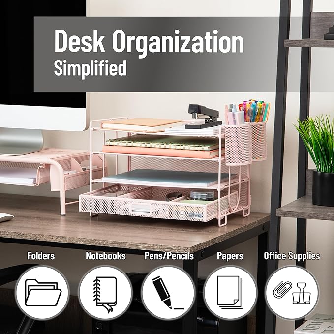 Mind Reader Mesh Desk Organizer, 3 Trays, 1 Drawer, 2 Pen Holders, Office Desktop Organizer, Metal Mesh, Pink