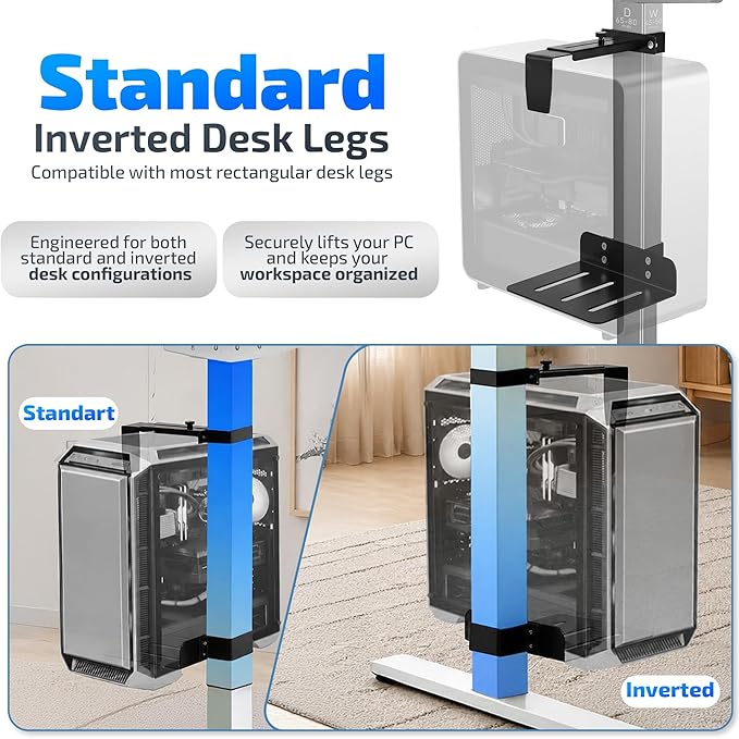 DEHAGLOBAL Clamp Mount Under Desk Pc Mount, Adjustable Height and Width No Drilling 50 lb Capacity with Non-Slip Pads & Cable Organizer for Standing Desk (Black, 65mmx45mm)