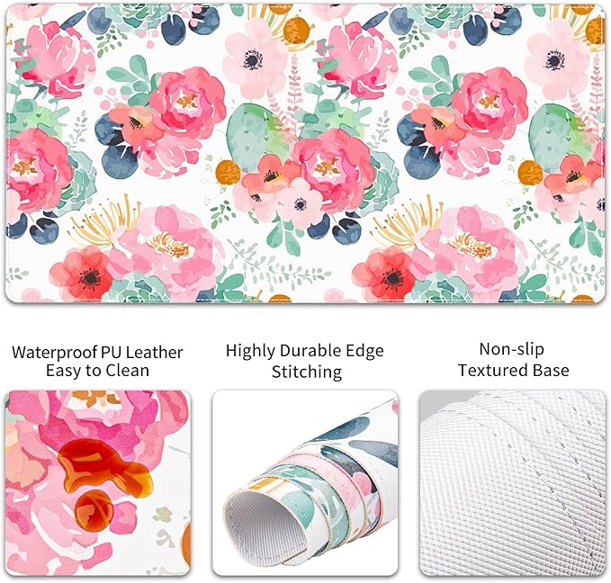 QiyI Leather Desk Mat Set, 4-in-1 Large Mouse Pad with Wrist Rest, Non-Slip Desk Pad + Keyboard Wrist Rest + Mouse Wrist Support + Coaster, Office Desk Accessories Home Decor Supplies, Pink Flowers