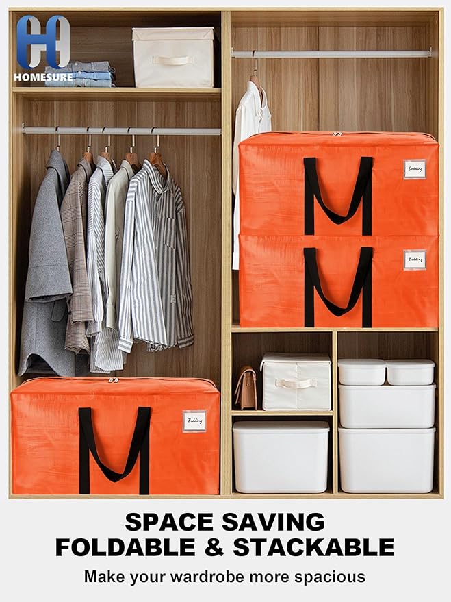 80 Pack Large Strong Moving Bags with Zippers & Carrying Handles - Water-Resistant - Heavy Duty Storage Tote for Space Saving, Fold Flat, Alternative to Moving Box (Orange)