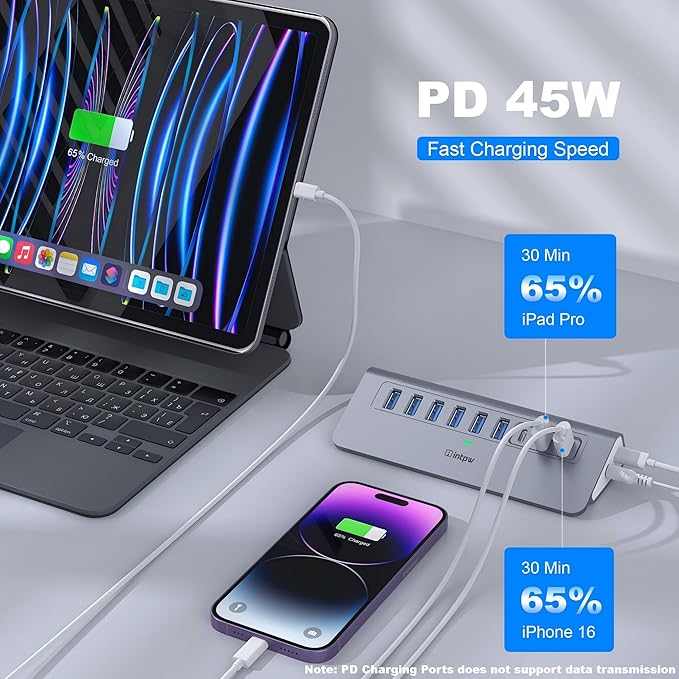 Powered USB Hub 10Gbps, intpw YH6AC 9-Port USB HUB with 10Gbps USB A/USB C 3.2, 4 USB 3.0, 2 PD 45W Charging Port, 65W Power Adapter + 4.92FT Cable, Aluminum USB Hub for Laptop, PC,iPhone 17/16