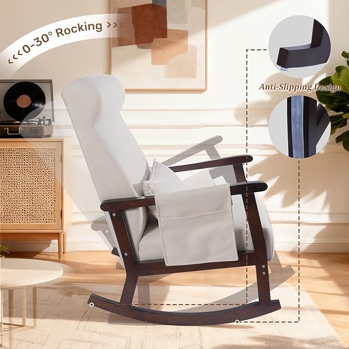 NOBLEMOOD Rocking Chair Indoor with Ottoman, Upholstered Rocking Chair with Lumbar Pillow, Side Pocket, High Back Solid Wood Frame Rocker with Footrest for Living Room