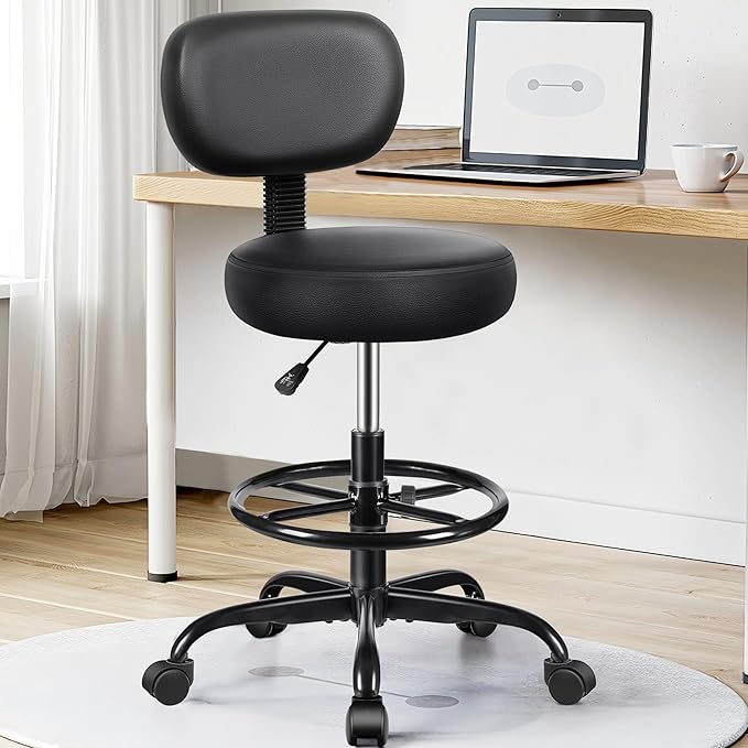 Brick Attic Drafting Chair with Backrest – Adjustable Foot Rest Rolling Stool with Wheels, PU Leather Swivel Stool for Office Spa Studio Lab Counter Salon Home Work Bar Kitchen Shop(Black), Pack of 10
