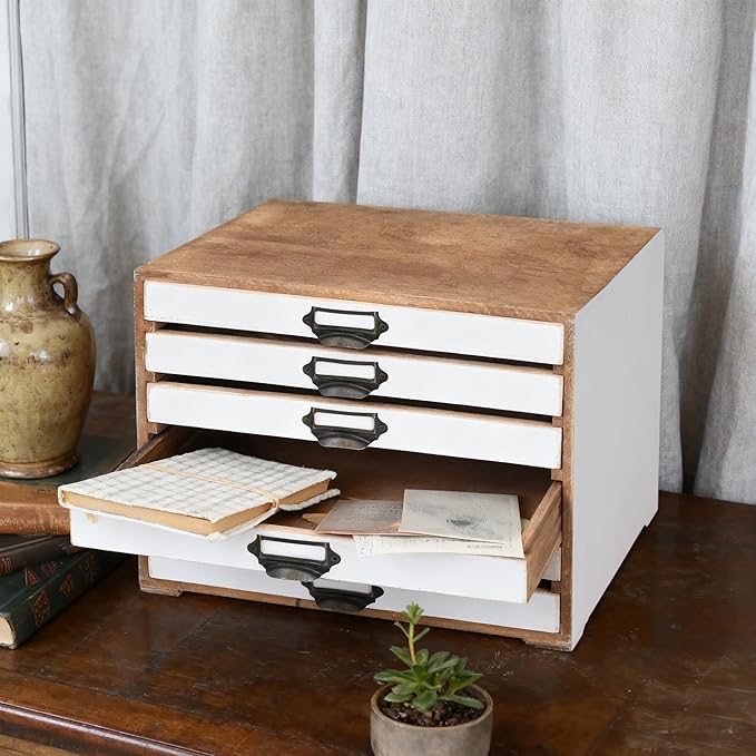 Vintage 6-Drawer Wooden Desktop Organizer Cabinet, Rustic Distressed Wood Card Catalog Cabinet, Antique Storage Box for Jewelry Cosmetics Craft Paper Home Office Decor (White)