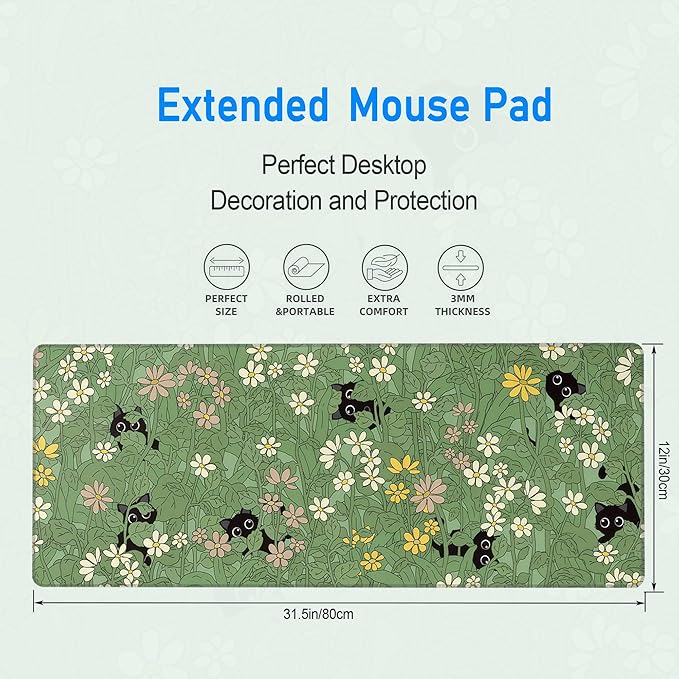Large Green Gaming Mousepad,Cat Cute Desk Decor Mat,Kawaii Black Cat Plant Aesthetic Extended Keyboard Mouse Pad with Non-Slip Base and Stitched Edge,31.5 x 12in