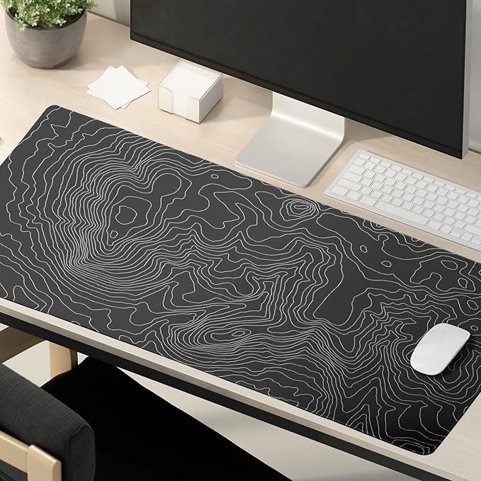 Topographic Contour Large Gaming Mouse Pad 35.4 x 15.7 Inch, Extended Mouse Pad with Non-Slip Rubber Base Geographic Mouse Mat for Computer Keyboard Pad Desk Pad Black for Home Office Gaming
