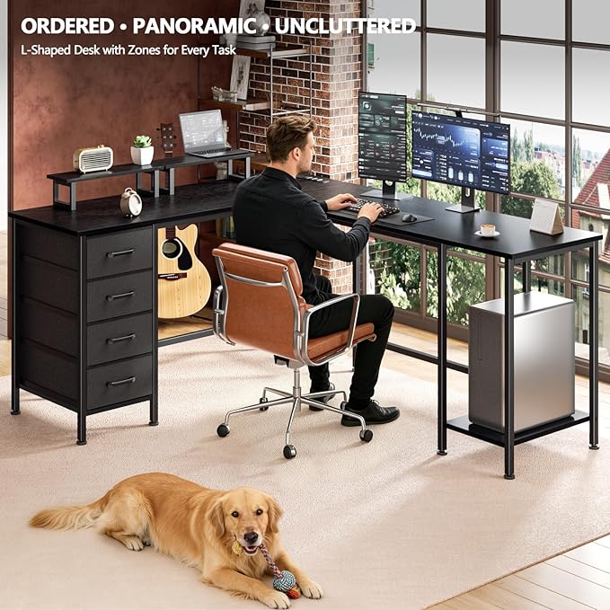 Korfile 66" L Shaped Computer Desk, 94.4'' Home Office Desk with Power Outlets, 4 Adjustable Storage Drawers & 2 Monitor Stands, Large Two Person Gaming Table for Writing Study, Black