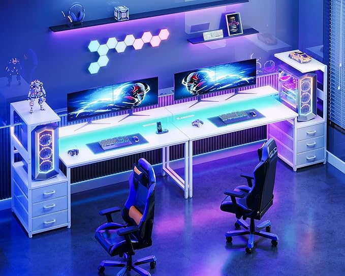 Casaottima 59 Inch Gaming Desk with USB Charging Ports & LED Light - Reversible Computer Desk with 3 Fabric Drawers, Monitor Stand, CPU Stand, Modern Office Desk, White