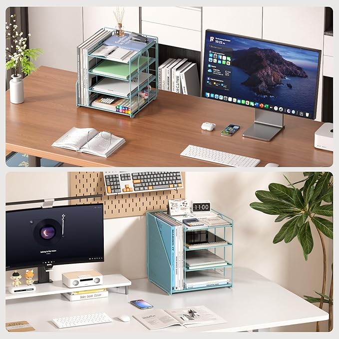 Teal Desk File Organizer and Accessories, 4-Tier Paper Organizer with Vertical File Holder, Office Desk Accessories & Workspace Organizers and Desktop Storage for Office Supplies (Sky Blue)