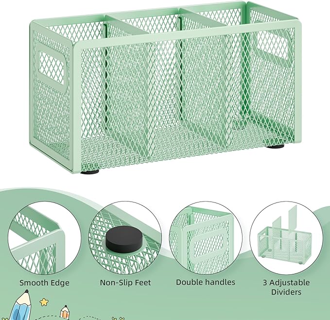 Marbrasse Mesh Pen Holder for Desk,Pencil Holder Desk Organizer 3 Adjustable Compartments,Pencil Cup with Handle Perfect for Classroom, Office, Home,Makeup,Art (Green)