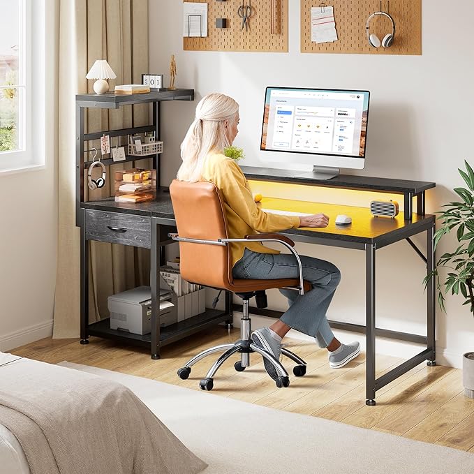 EnHomee 48" Gaming Desk with LED Lights & Power Outlets, Home Office Desk with Monitor Stand, Computer Desk with Drawer & Storage Shelves for Living Room, Study Room, Gaming Room, Black