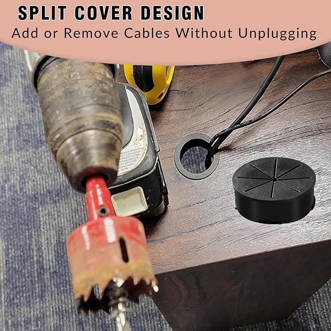 Desk Grommet Kit - 8 PCS 2 Inch Black ABS Plastic Cable Hole Cover with Soft Rubber Liner & Included Hole Saw - Cord Grommet for Wire Management on Countertops, TV Stands & Office Tables