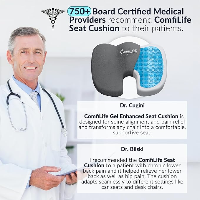 ComfiLife Premium Gel & Memory Foam Seat Cushion – Doctor Recommended Office Chair Cushion, Car Seat Cushion – Chair Cushions for Back & Sciatica Pain Relief – Seat Cushions for Office Desk (Charcoal)
