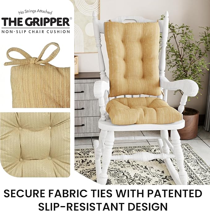 Klear Vu The Gripper Non-Slip Rocking Chair Cushion Set with Thick Padding, Includes Seat Pad & Back Pillow with Ties for Indoor Living Room Rocker, 17x17 Inches, 2 Piece Set, Sand