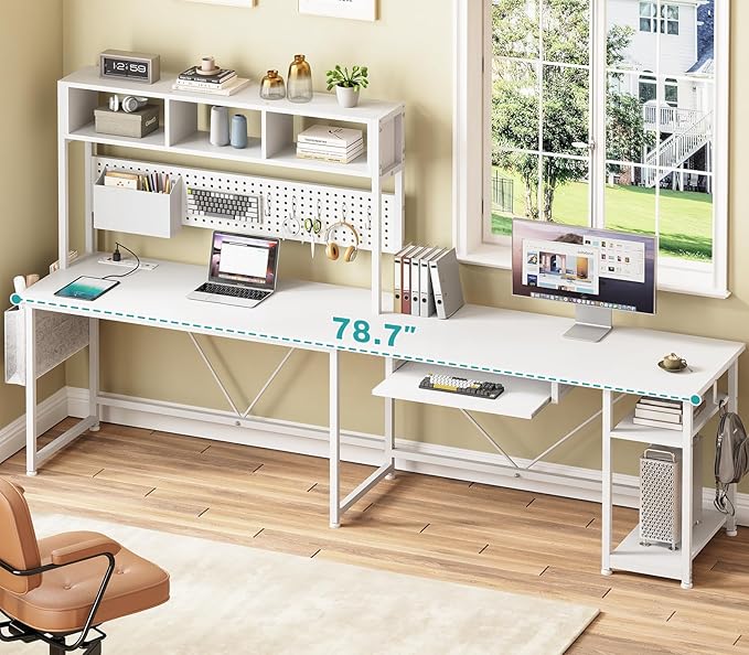 SEDETA White L Shaped Office Desk, 57.5” Corner Computer Desk with Power Outlet Pegboard and Keyboard Tray, Gaming Table with LED Lights, Hutch and Storage Shelves for Home Office