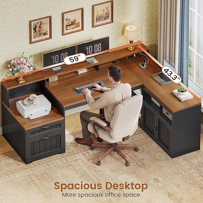 SEDETA 59" L Shaped Desk with Drawers, Farmhouse Corner Computer Desk, Wood Office Desk with File Drawers with Storage, Home Office Desks with Monitor Stand and Storage Cabinet, Brown and Black