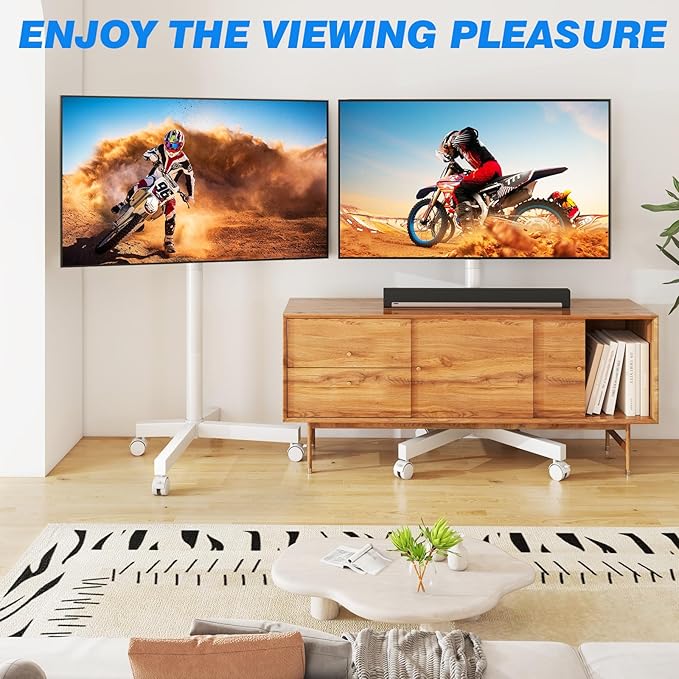 Rfiver Mobile TV Cart Rolling TV Stand for 23-65 Inch Screens, Portable TV Stand on Wheels with Tilt and Height Adjustable, Outdoor TV Mount Stand Holds up to 88 lbs for Home MAX VESA 400x400mm, White