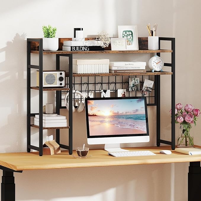 COSTWAY Desktop Bookshelf for Monitors up to 32", 37" x 10" Countertop Organizer with 4 Open Shelves, Grid Panel with 6 Hooks, Anti-Tip Safety Kit, and Adjustable Feet for Home Office (Brown)