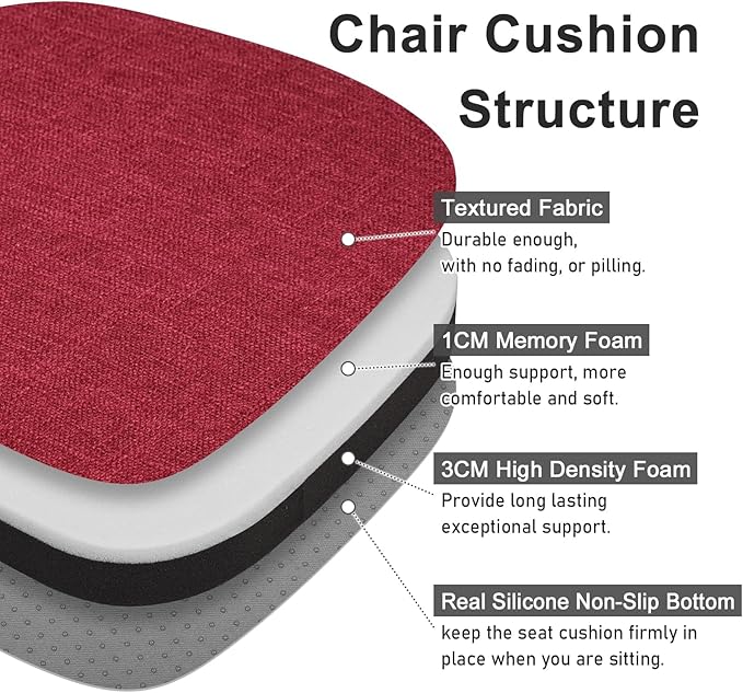 baibu 14x14 Memory Foam Metal Chair Cushions Set of 4, Dual-Layer Design Non-Slip Metal Dining Chair Pads Kitchen Seat Cushion with Machine Washable Cover, 4 Counts, Red