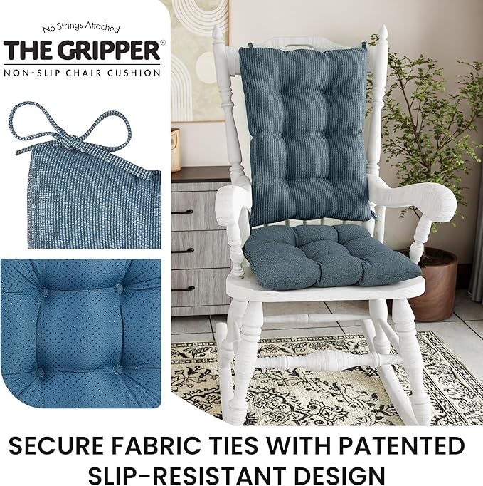 Klear Vu Omega Non-Slip Rocking Chair Cushion Set with Thick Padding and Tufted Design, Includes Seat Pad & Back Pillow with Ties for Living Room Rocker, 17x17 Inches, 2 Piece Set, Blue